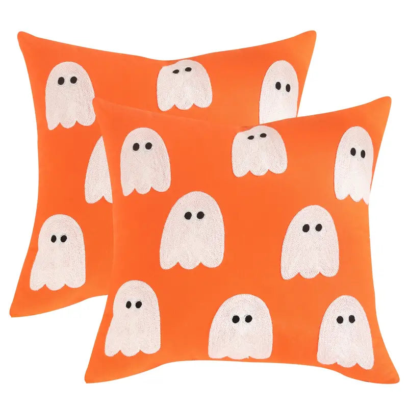 Ghost Embroidered Halloween Pillow, Orange - Monogram Market