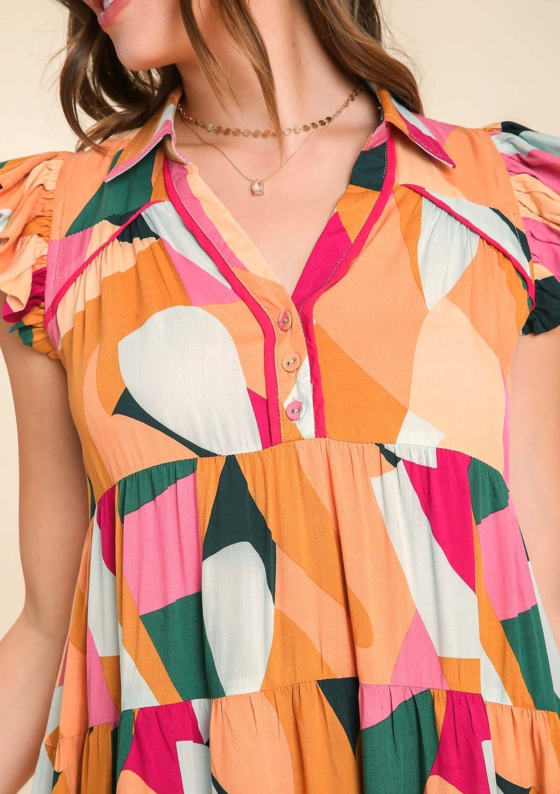 Umgee - Multi Colored Abstract Tiered Dress, Peach/Fuchsia - Monogram Market