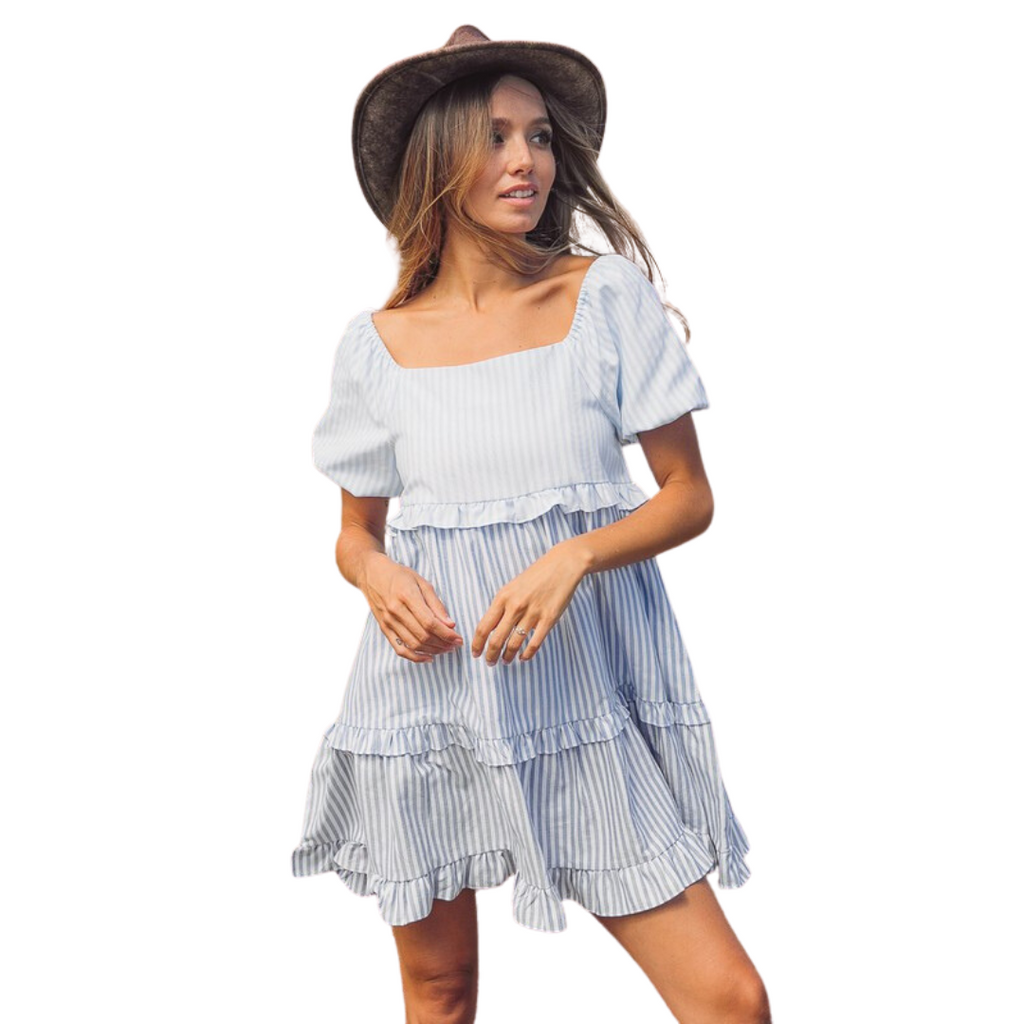 Ruffled Tiered Dress with Puff Sleeves, Shades of Blue - Monogram Market