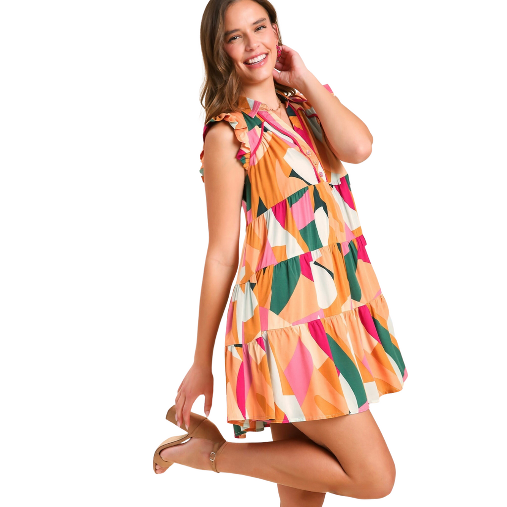 Umgee - Multi Colored Abstract Tiered Dress, Peach/Fuchsia - Monogram Market