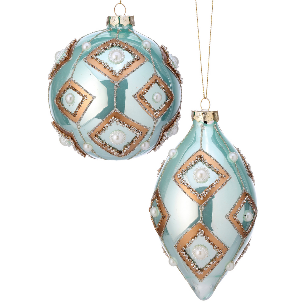 Glass Pearlized Jewel Ball & Finial Ornaments -Aqua, 4-6" - Monogram Market