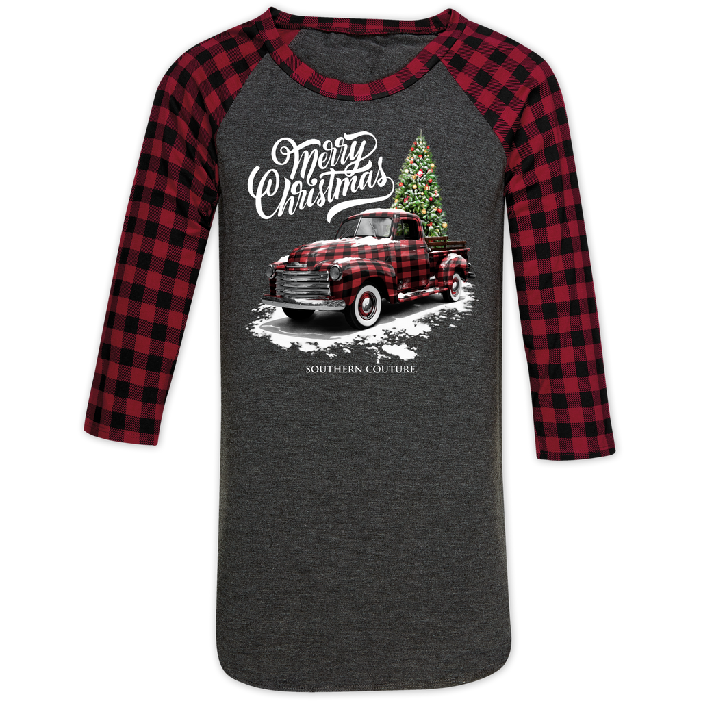 Southern Couture - Merry Christmas Truck, Buffalo Plaid Raglan Tee - Monogram Market