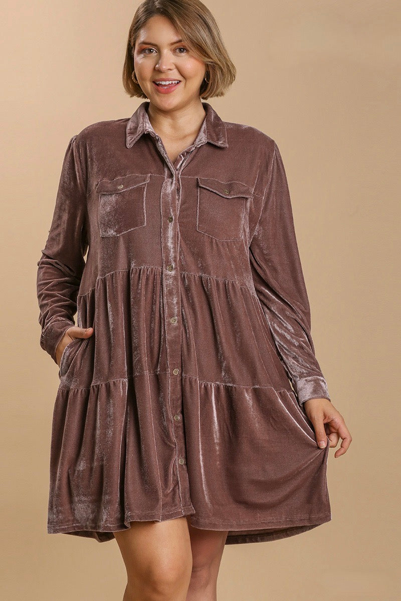 Umgee - Velvet Long Sleeve Tiered Dress, Almond - Monogram Market