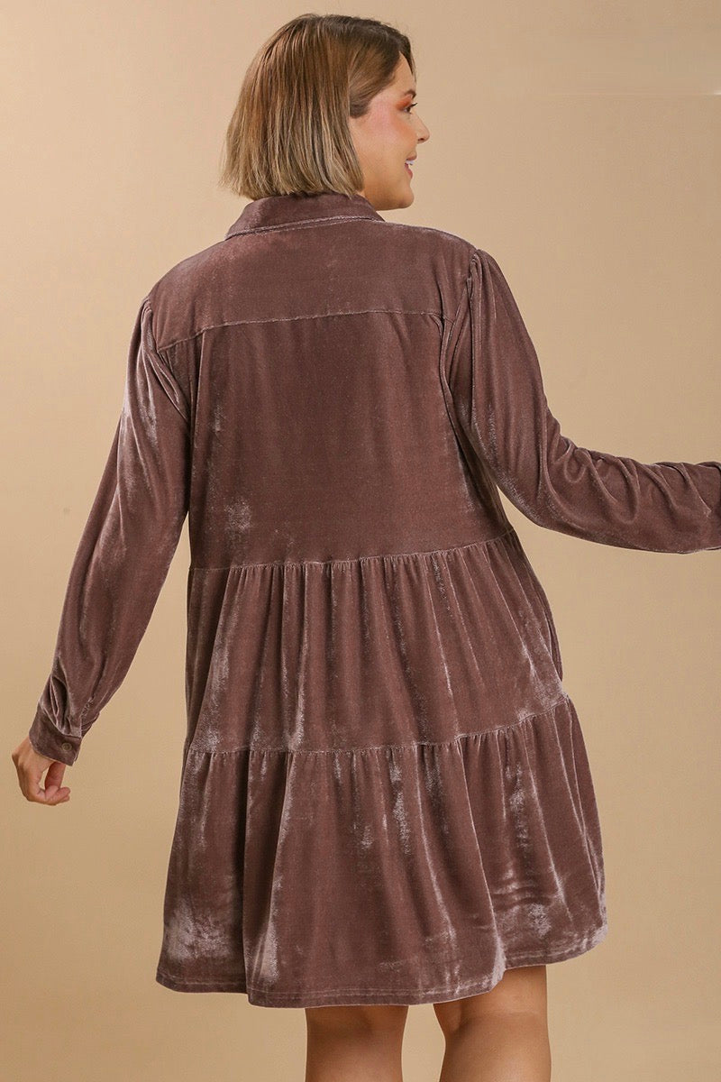 Umgee - Velvet Long Sleeve Tiered Dress, Almond - Monogram Market