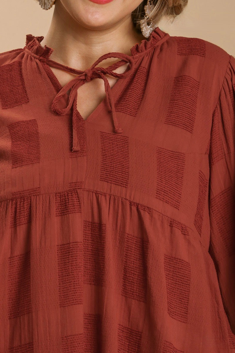 Umgee - Chenille Split Neck Babydoll Tunic/Dress, Brick - Monogram Market
