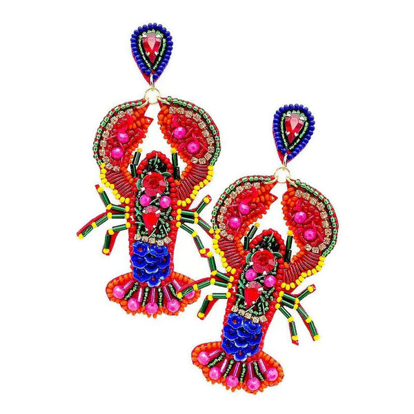 Beaded Earrings, Bright Lobsters Monogram Market