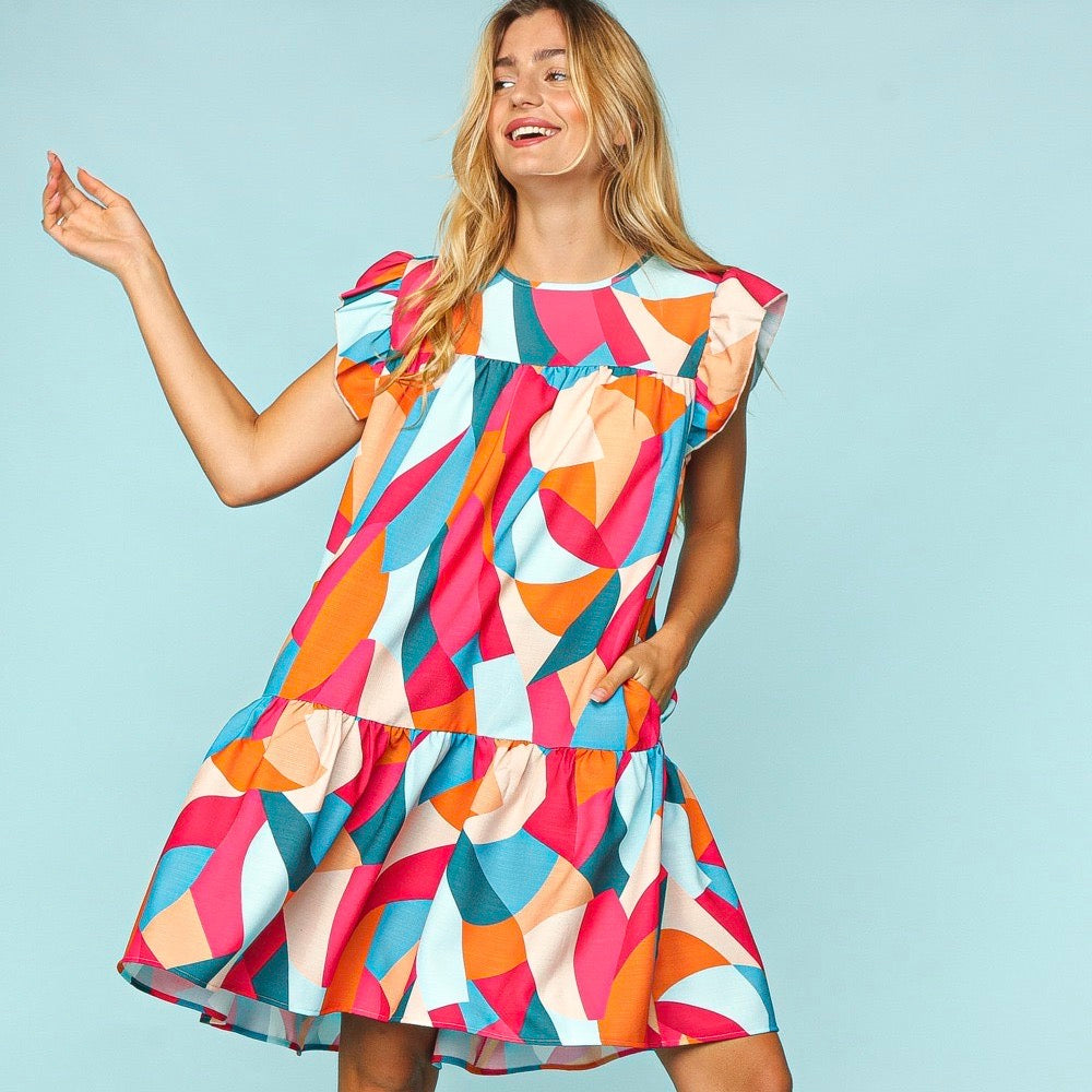 Geometric Print Tiered Midi Dress, Fuchsia/Orange/Lt. Blue - Monogram Market