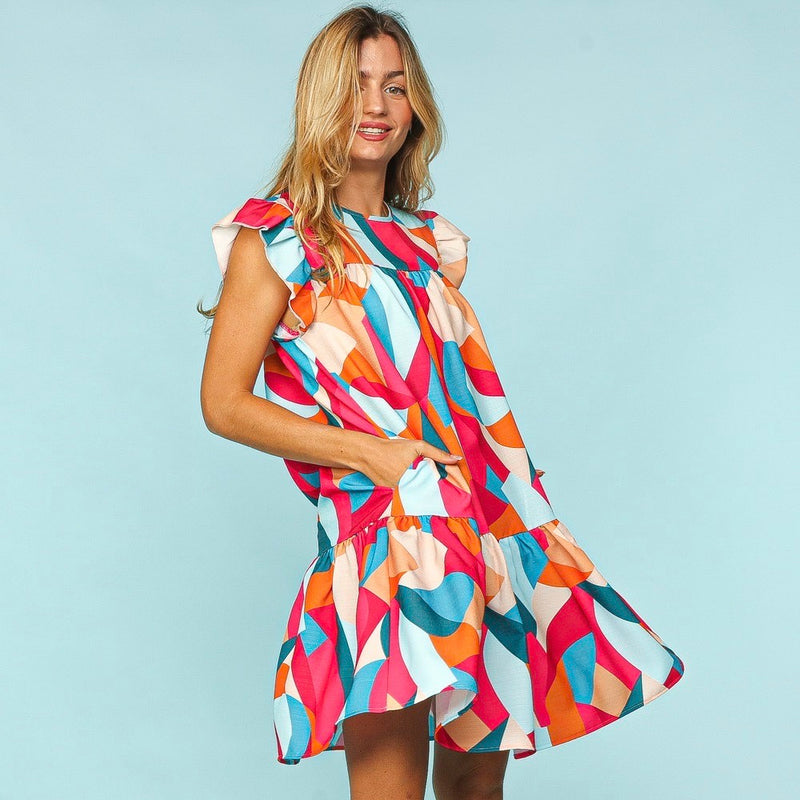 Geometric Print Tiered Midi Dress, Fuchsia/Orange/Lt. Blue - Monogram Market