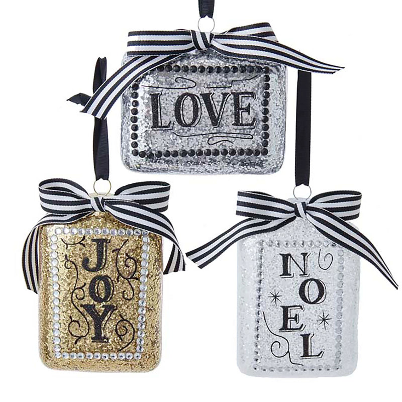 Glitter Filled Glass Ornaments with Sentiments & Bows - Gold, Silver, White & Black - Monogram Market