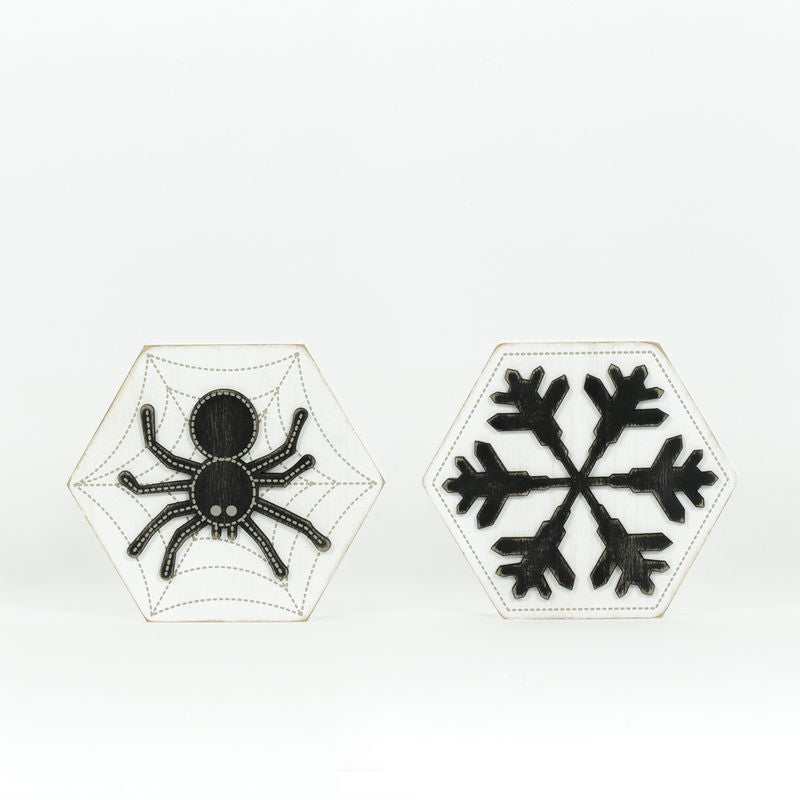 Adams & Co. - Reversible Halloween Spider & Winter Snowflake Wood Block - Monogram Market