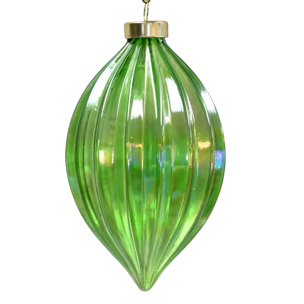 Iridescent Glass Ribbed Finial Ornament - Green, 4" - Monogram Market