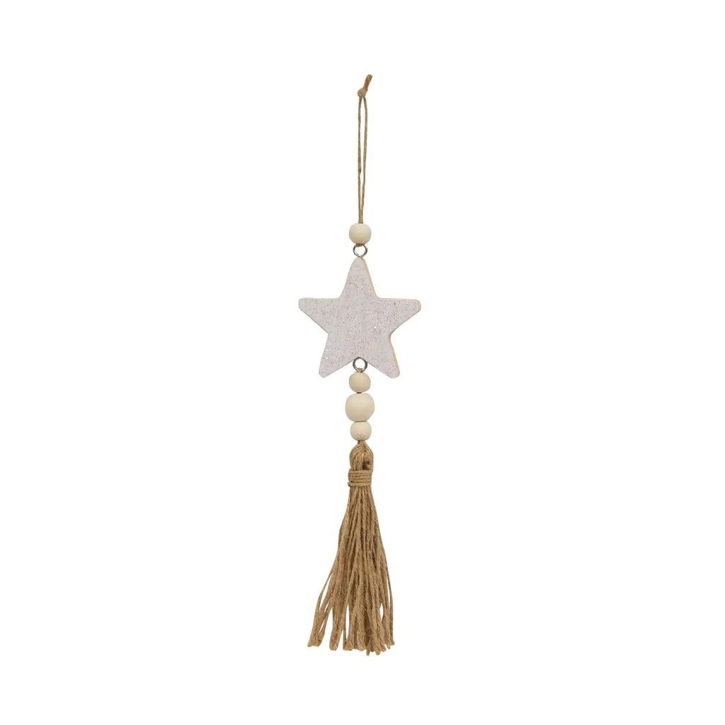 Glittered Star Wood Ornament with Tassel - White, 11" - Monogram Market