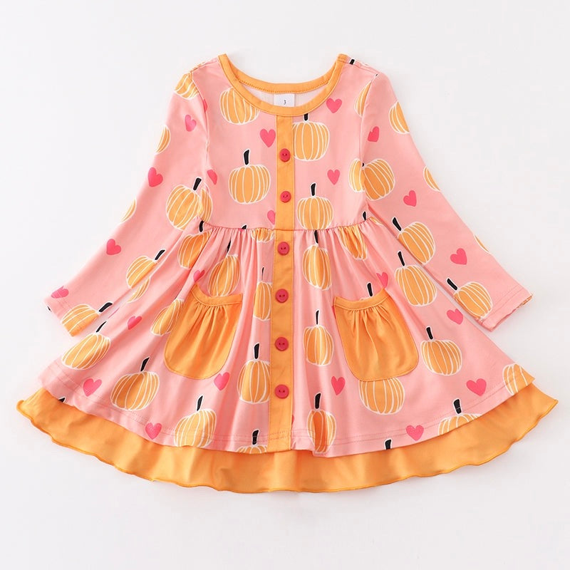 Pink Pumpkin Print Ruffle Dress - Monogram Market