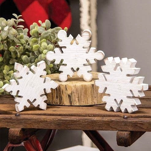 Distressed Wooden Snowflake Sitters, 4.25"