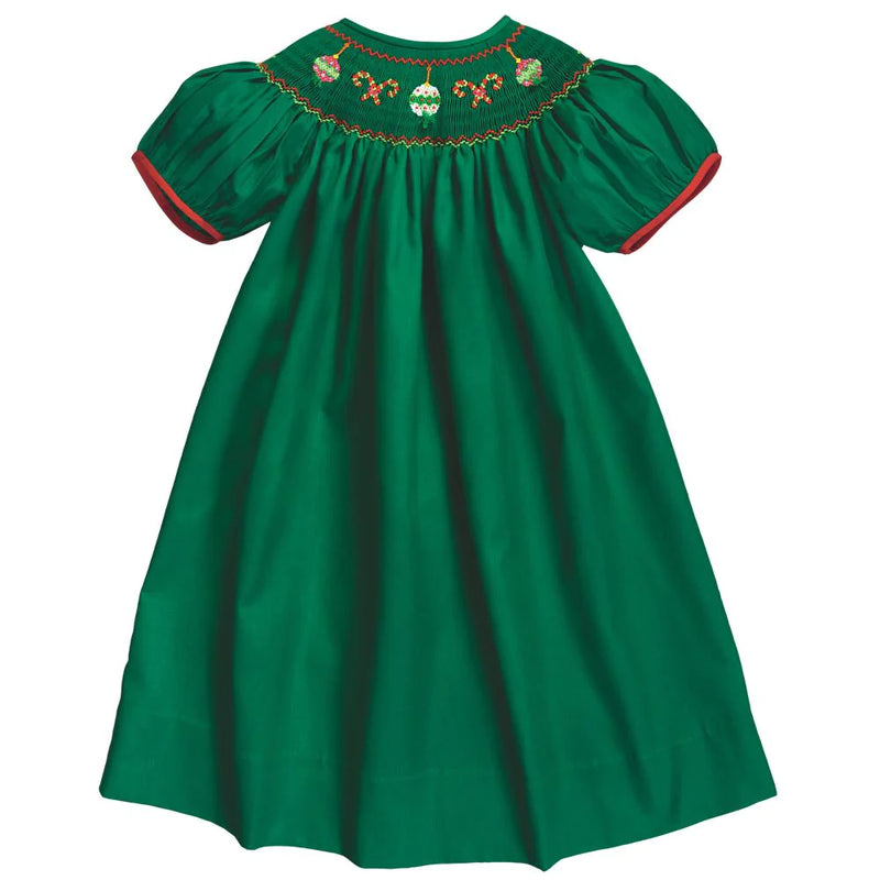 Rosalina - Candy Cane and Ornament Green Bishop Dress - Monogram Market