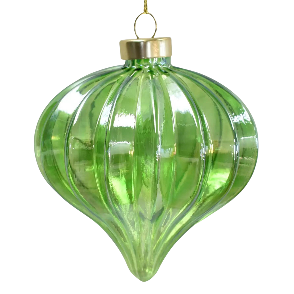 Iridescent Glass Ribbed Onion Finial Ornament - Green, 4" - Monogram Market