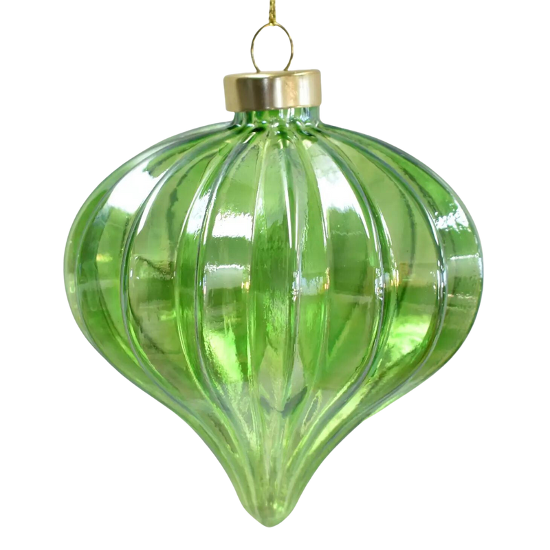 Iridescent Glass Ribbed Onion Finial Ornament - Green, 4" - Monogram Market