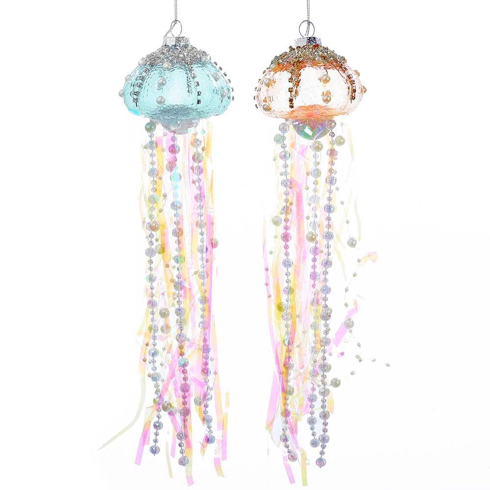 Glass Jellyfish Ornaments - Blue & Coral, 12" - Monogram Market