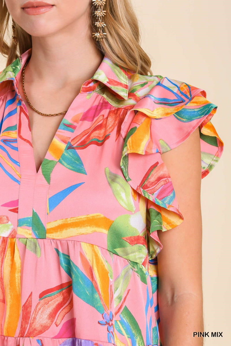 Umgee - Leaf Print Tiered Midi Dress, Pink - Monogram Market