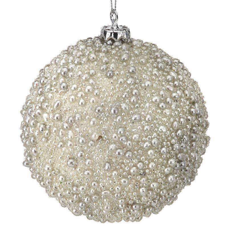 White Glitter Metallic Mini Bead Ball Ornament, 4” - Monogram Market
