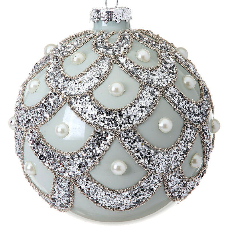 Mint Green Glass Glitter Scallop/Pearl Ball Ornament, 4” - Monogram Market