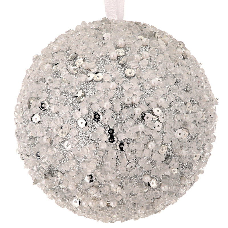 Silver Sequin Bead Glitter Ball Ornament, 4” - Monogram Market