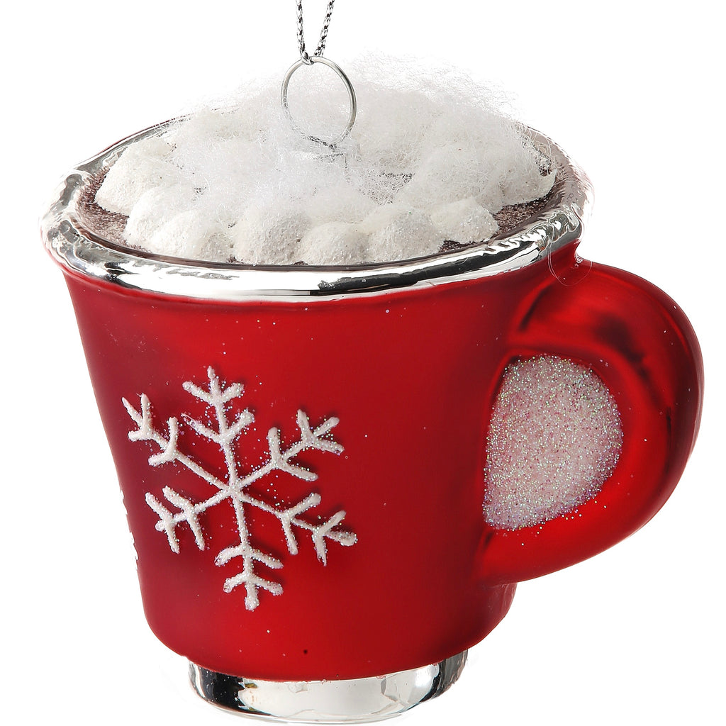 Red and White Glass Steaming Hot Cocoa Mug Ornament, 3.5” - Monogram Market