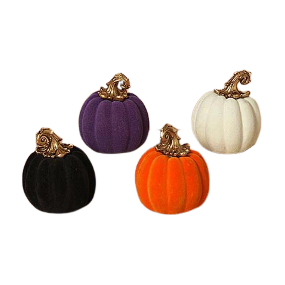 Halloween Flocked Pumpkins w/Fancy Stems