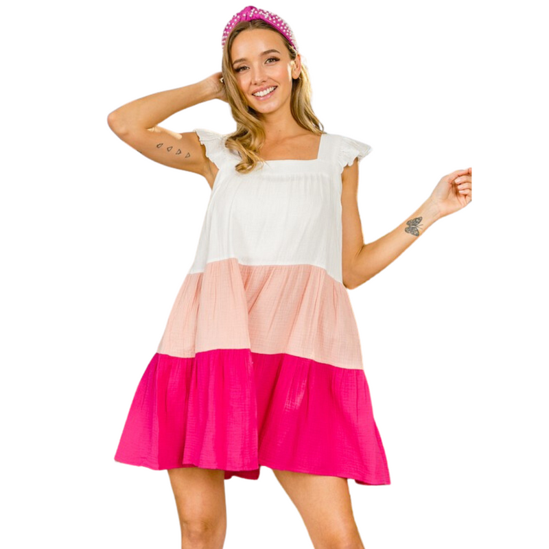 Ruffled Shoulder Color Block Tiered Dress, Shades of Pink - Monogram Market