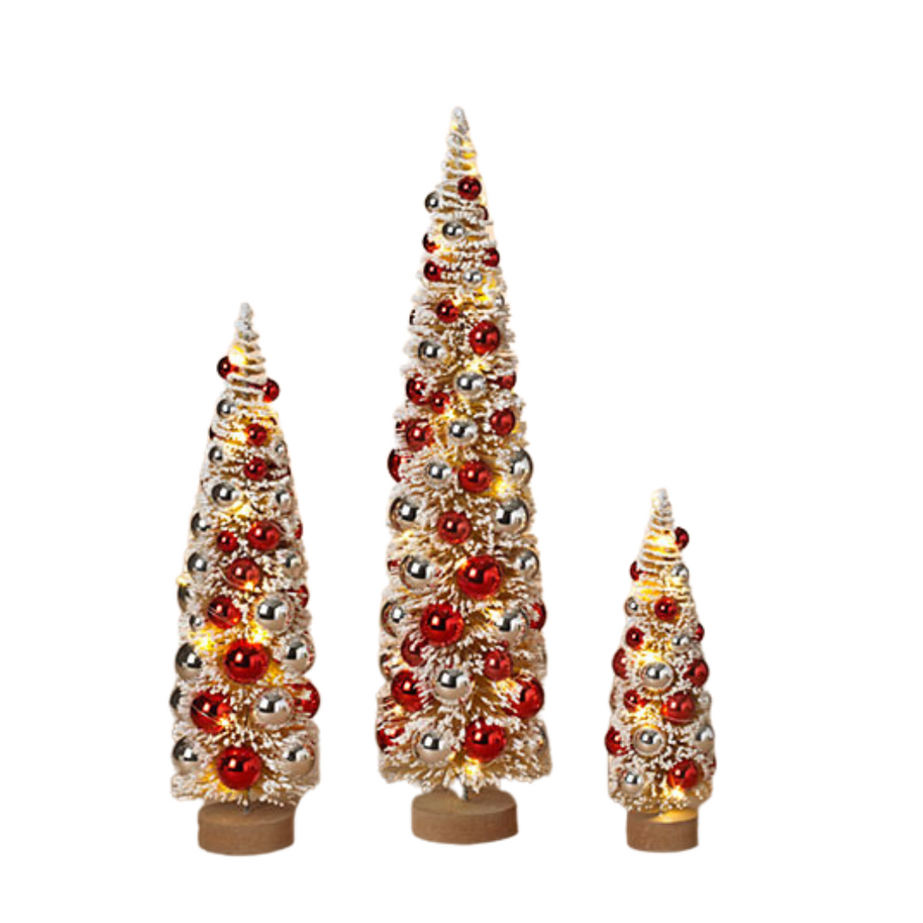 Lighted Holiday Bottle Brush Trees, Red with Ornaments - Monogram Market