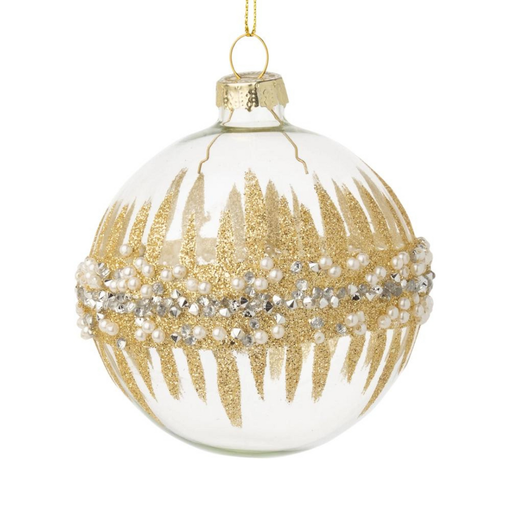 Clear Glass Ornament with Beads & Pearls - Gold, 3" - Monogram Market