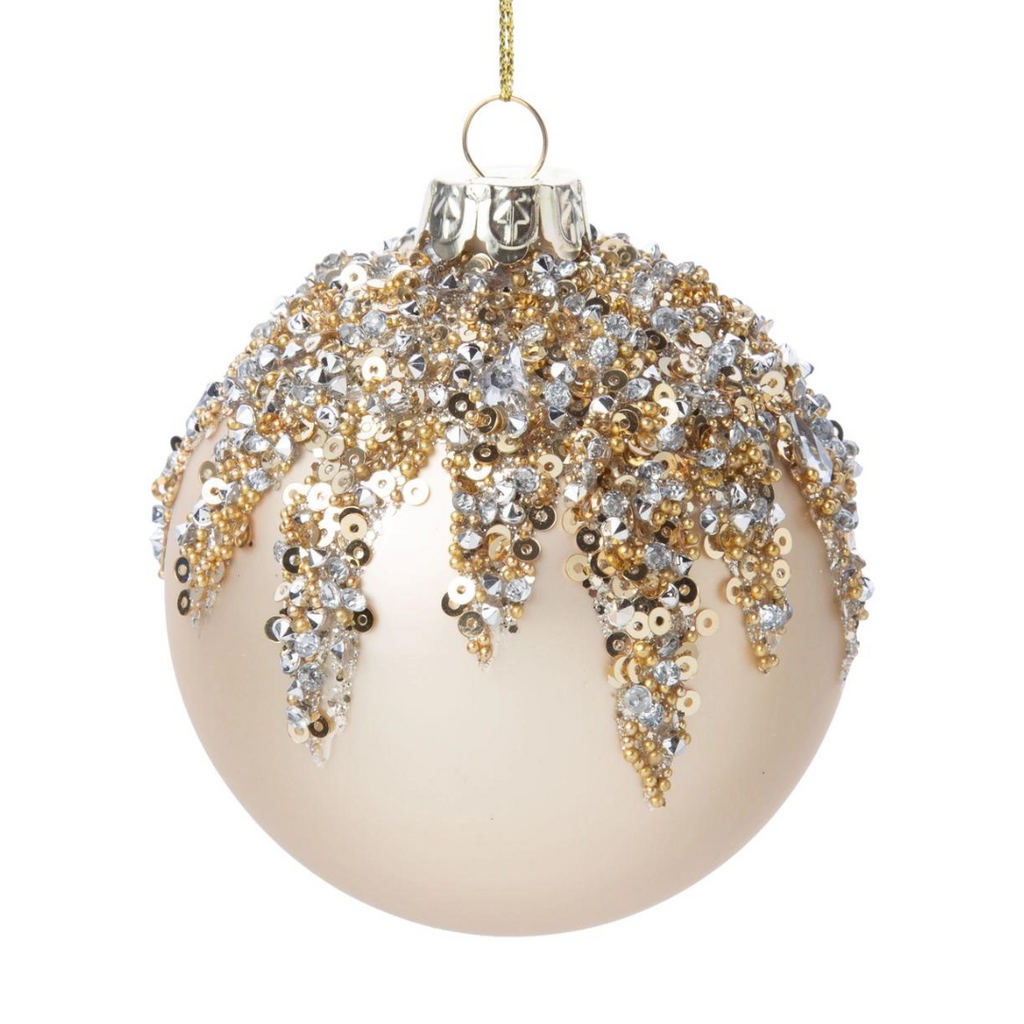 Glass Ornament with Sequins & Beads  - Pale Gold, 3.15" - Monogram Market