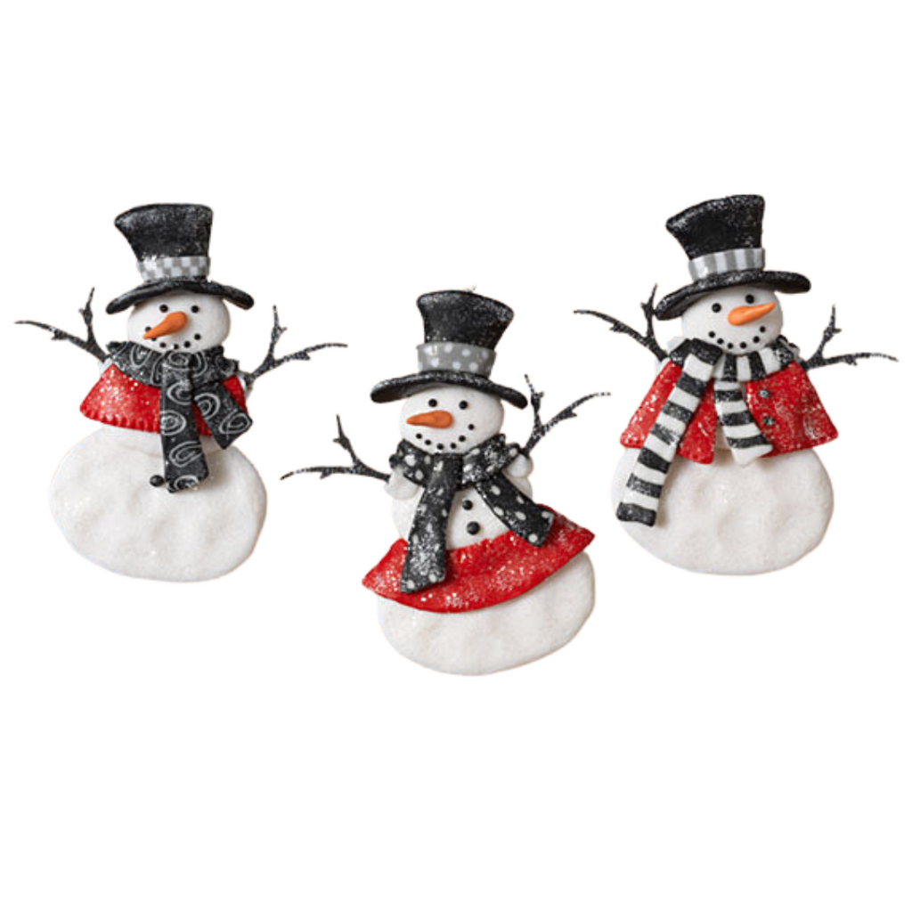 Clay Dough Snowman Ornaments - Black/White/Red, 4" - Monogram Market