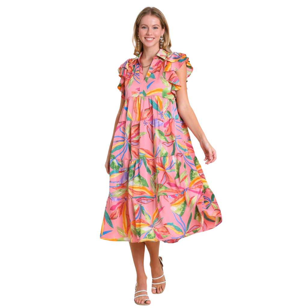 Umgee - Leaf Print Tiered Midi Dress, Pink - Monogram Market