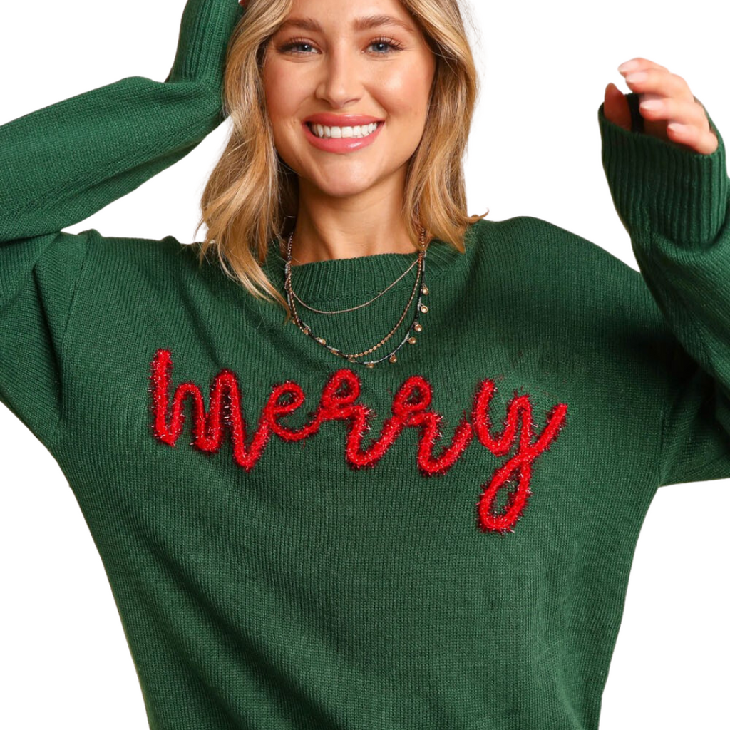 Glitter Embroidered Sweater, MERRY - Monogram Market