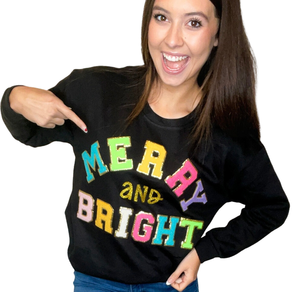 Chenille Letter Sweatshirt, MERRY and BRIGHT - Monogram Market