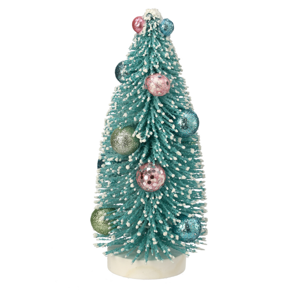 Aqua Bottle Brush Trees with Ornaments, 9"H - Monogram Market