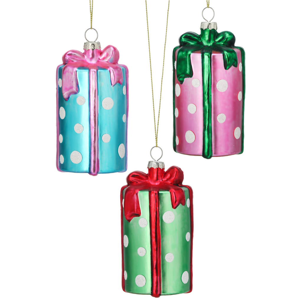 Glass Polka Dot Present Ornaments, 4.5" - Monogram Market