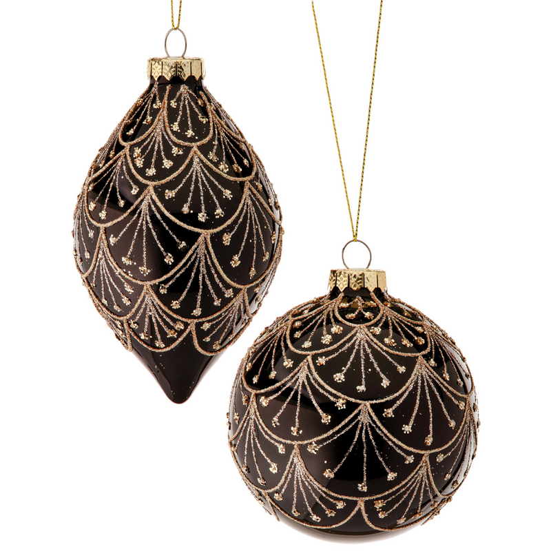 Art Deco Drape Glass Ornaments - Black & Gold, 4-5" - Monogram Market