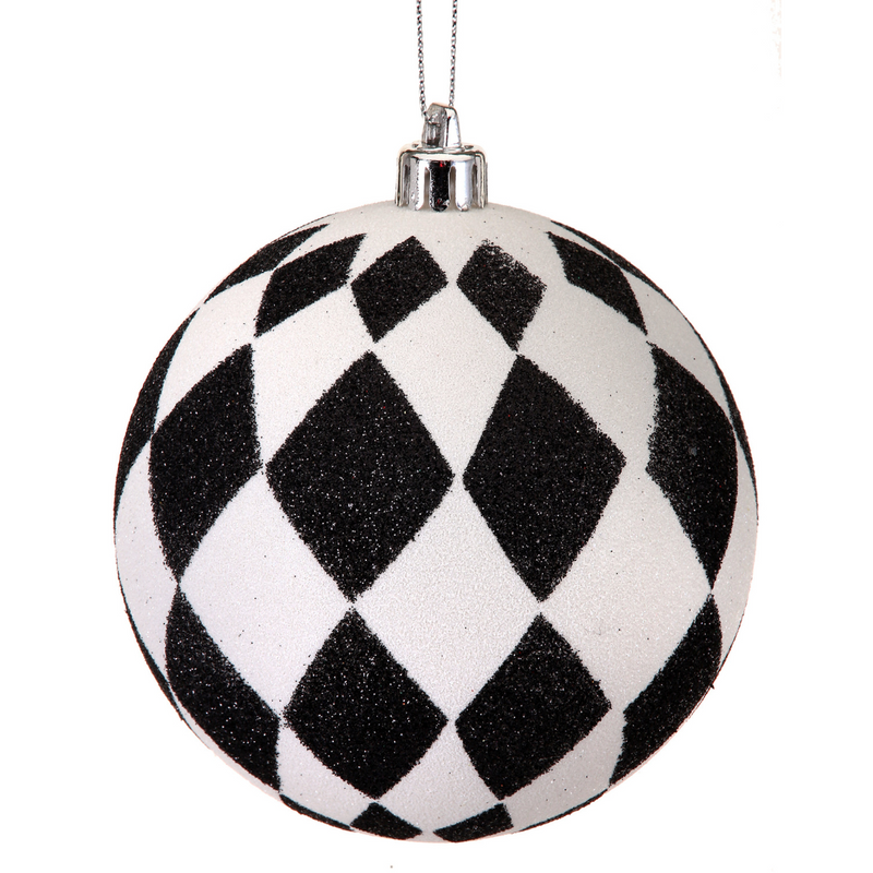 Glitter Harlequin Ball Ornament - Black & White, 4" - Monogram Market
