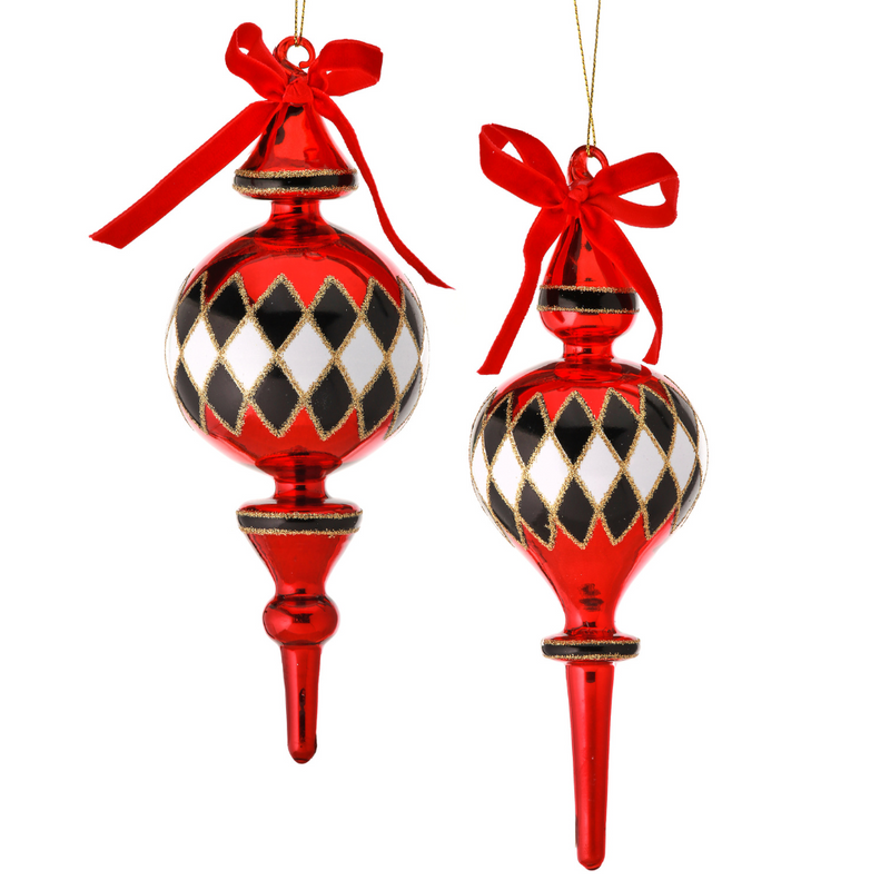 Harlequin Glass Finial Ornaments - Red/Black/White, 8-9" - Monogram Market