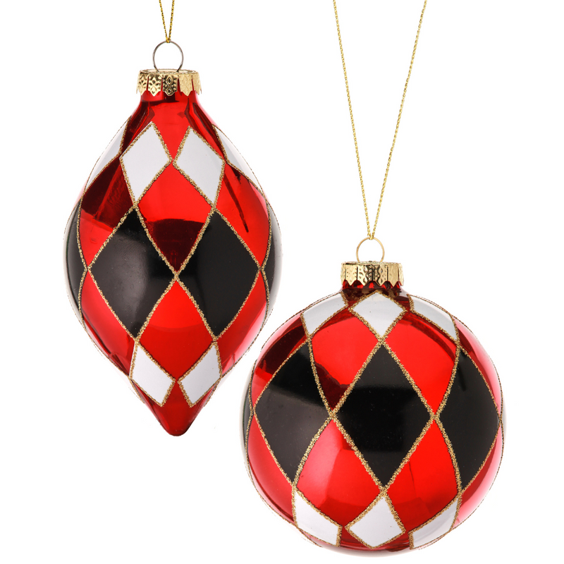 Harlequin Glass Ornaments - Red/Black/White, 4-5" - Monogram Market
