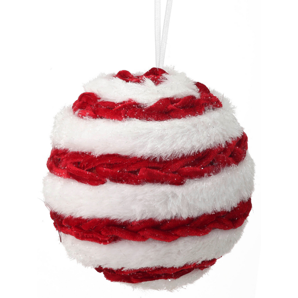 Velvet Fur Stripped Ball Ornament - Red & White, 5" - Monogram Market
