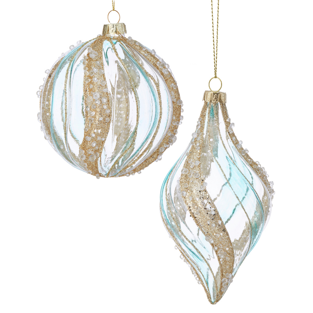 Beaded & Glitter Swirl Glass Ornaments -Aqua, 4-6" - Monogram Market