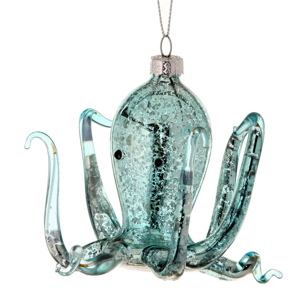 Mercury Glass Octopus Ornament - Aqua, 4" - Monogram Market
