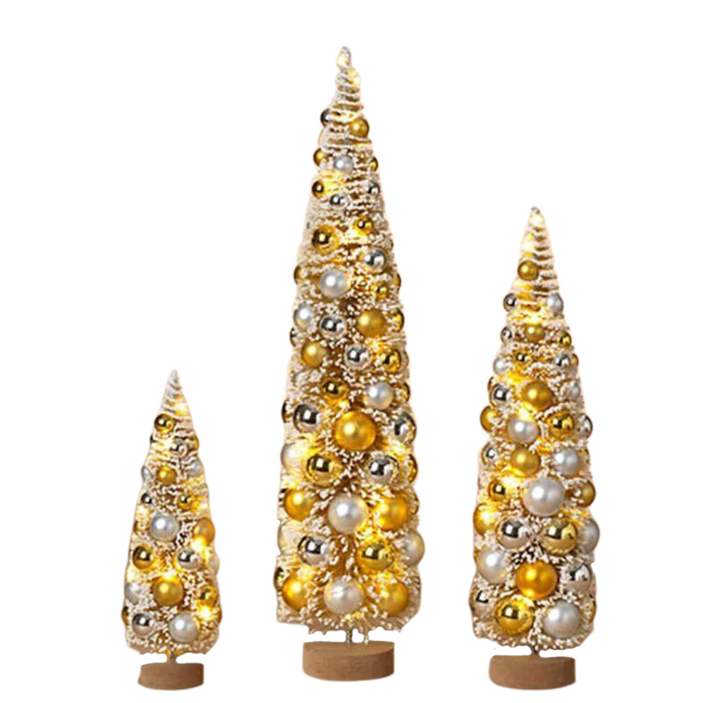Lighted Holiday Bottle Brush Trees, Gold with Ornaments - Monogram Market