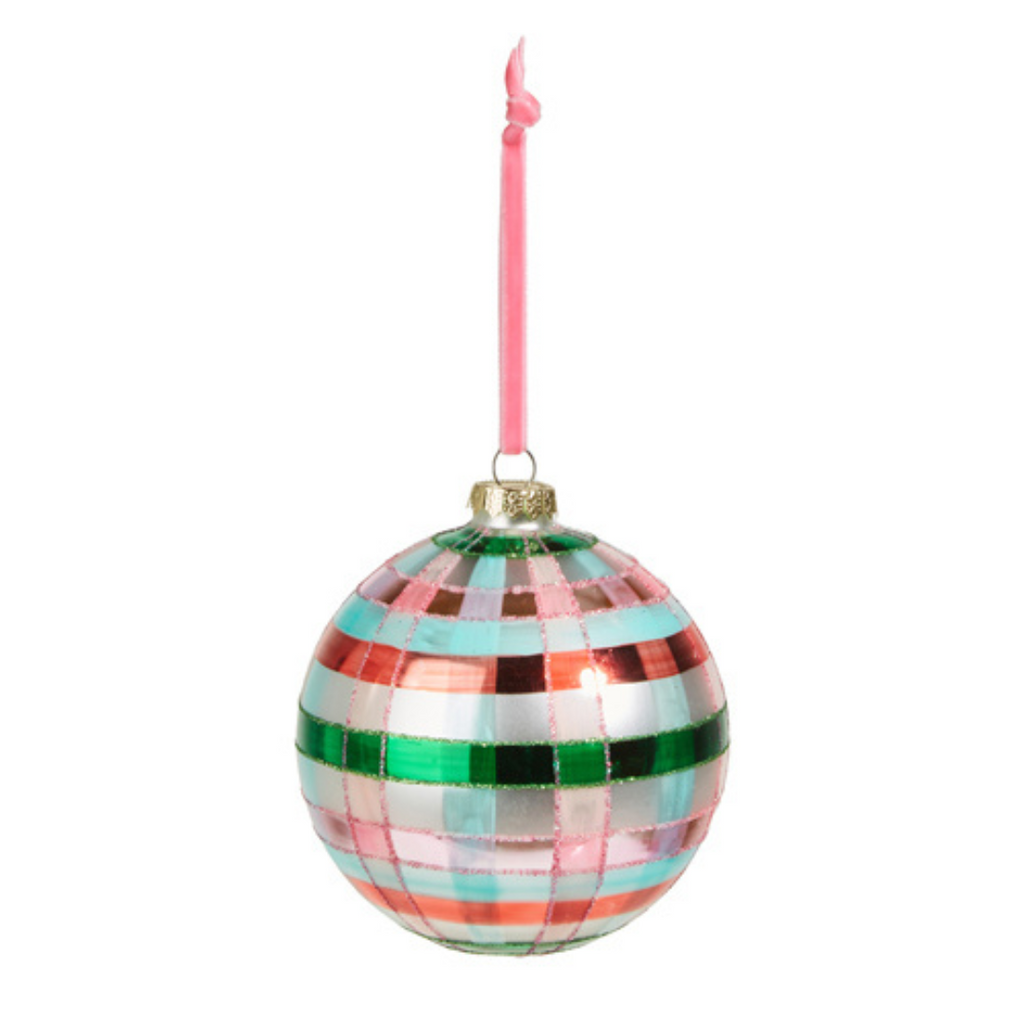 RAZ - Pink & Green Plaid Ball Ornament, 5" - Monogram Market