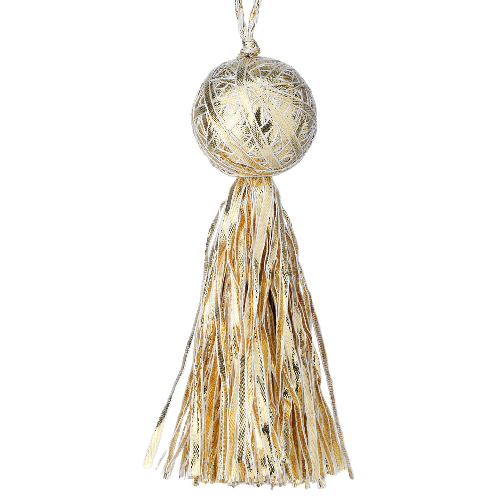 Ribbon Ball Ornament with Tassel - Champagne Gold, 6.5" - Monogram Market