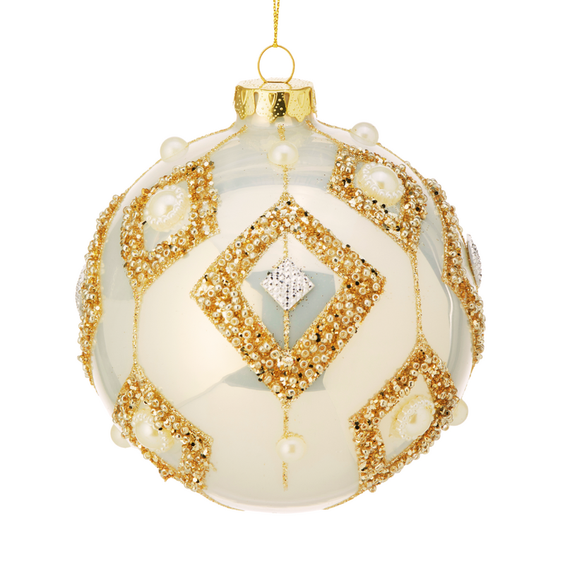 Glass Crystal & Pearl Ball Ornament - Gold & Ivory, 4" - Monogram Market