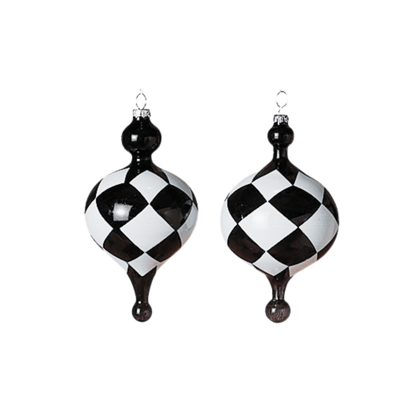 Harlequin Glass Finial Ornaments - Black & White, 6.5" - Monogram Market